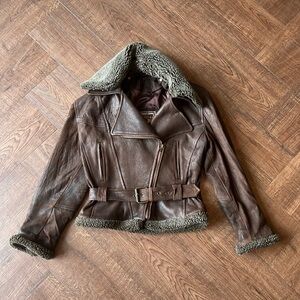 Genuine Leather Aviator Jacket With Removable Sherpa Collar Brown Sz M